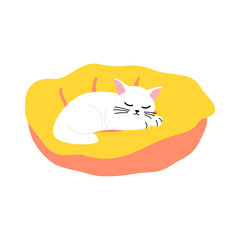 Sleeping White Cat Curled Up in a Cozy Yellow Pet Bed, Domestic Feline Resting, Comfortable, Relaxing, Peaceful, Isolated on White Background