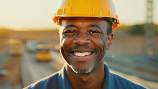 Cheerful African American male supervisor in hardhat on construction site looking at camera. The supervisor&rsquo;s smile creates a welcoming atmosphere on the construction site.