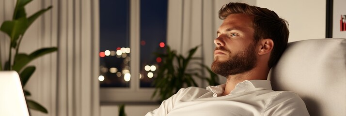 Elegant Laptop screen showing flashing warning alerts about tariff hikes with graphs in red while stressed trader sits in a dimly lit office 