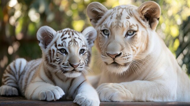 White tiger cubs, resting, zoo enclosure, greenery background, wildlife conservation