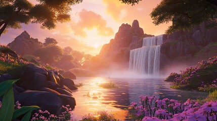 Waterfall cascading into a serene landscape under a vibrant sunrise