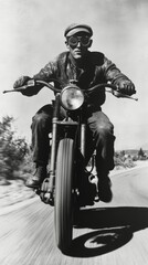 Naklejka premium Rider in goggles cruising along a desolate road in a vintage motorcycle adventure