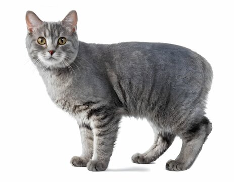 A Manx cat stands on a white background and looks at the camera