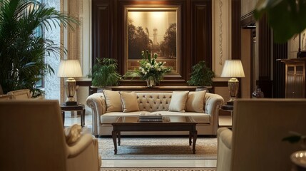 Luxurious hotel lobby with elegant furniture and decor