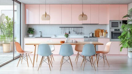 Empty dining table with chairs in a modern pastel-themed kitchen, sleek and stylish design, spacious and bright atmosphere