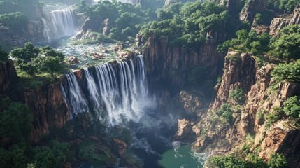 Waterfalls cascading through rocky terrain surrounded by greenery