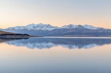 Serene Snow-Capped Mountains Reflected in Tranquil Lake During Sunrise with Soft Pastel Colors
