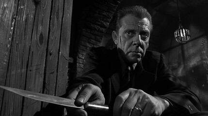 Dramatic Black and White Tense Scene with Man Holding Knife - Suspenseful Concept for Movies, Poster, or Design