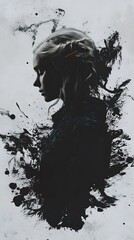 Fototapeta premium A black and white ink painting of the silhouette of an elegant woman 