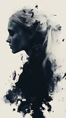 A black and white ink painting of the silhouette of an elegant woman
