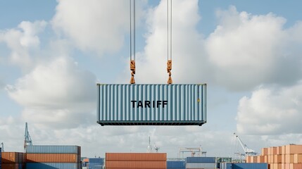 Elegant Shipping container with bold TARIFF lettering being lifted by a crane over an industrial...