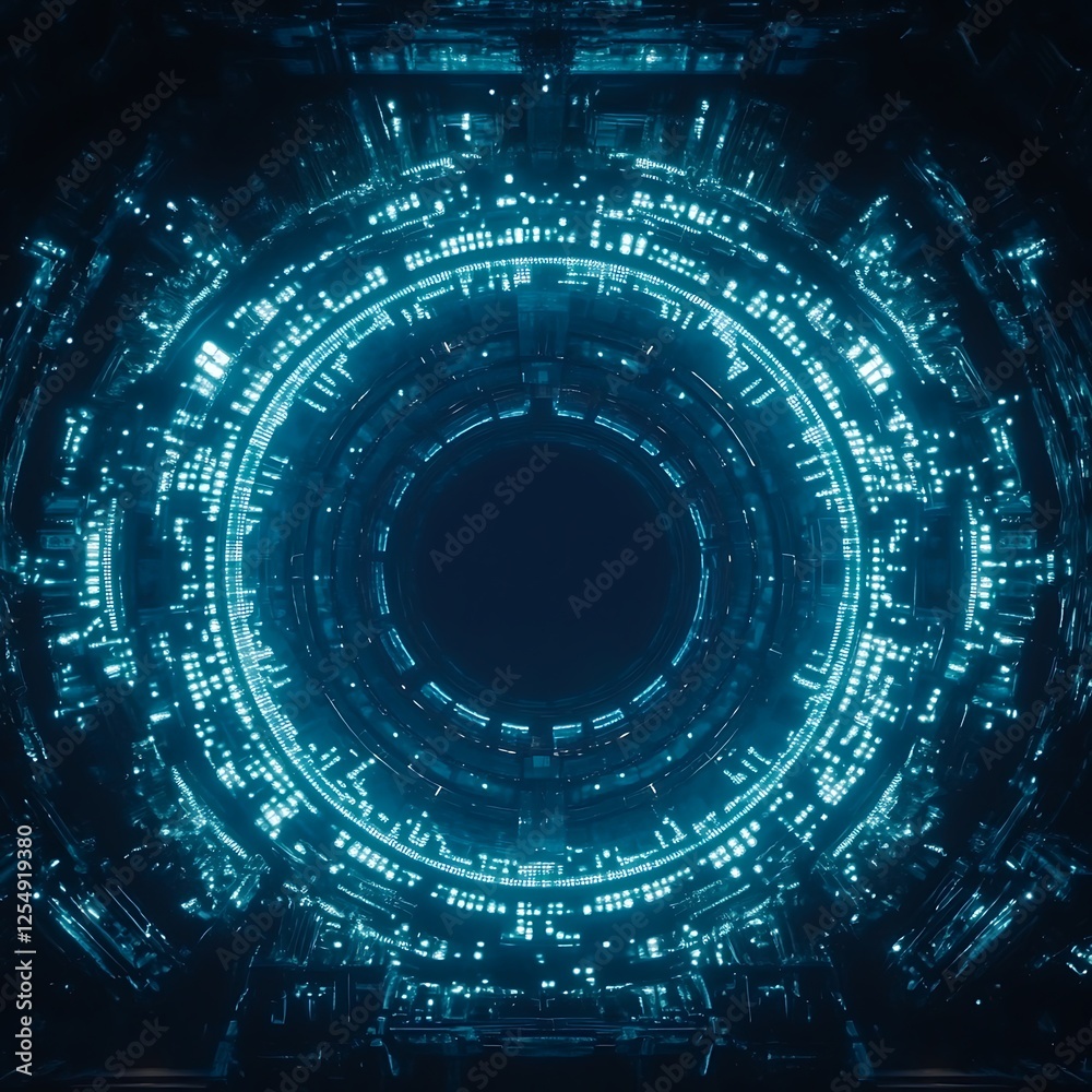 Poster circular data core technology system with futuristic cybernetic light patterns and digital processin