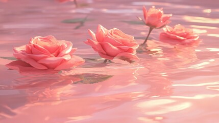 Pink roses floating on pastel pink water. Romantic retro-inspired design for Valentine's or Mother's Day. 