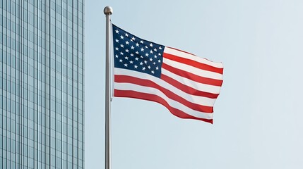 Obraz premium Elegant US and Chinese flags fluttering together on poles in front of a modern skyscraper skyline under a clear blue sky symbolizing trade and cooperation 