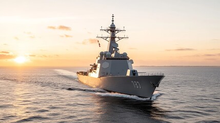Elegant US Navy destroyer sailing through turbulent waters under a vibrant orange horizon showcasing duty at sea and the resilience of armed forces 