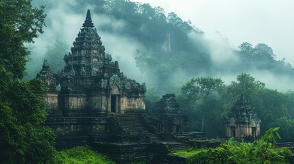 An ancient temple immersed in a misty jungle, with tall trees and lush greenery framing the mysterious scene