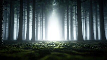 Fototapeta premium Glow forest idea. A mystical forest scene with light filtering through tall trees and lush green moss.
