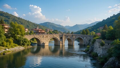 Fototapeta premium Picturesque Stone Bridge Spanning River in Mountainous Landscape with Lush Greenery and Charming Houses