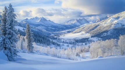 Winter landscape featuring snow-covered peaks and frosty valleys