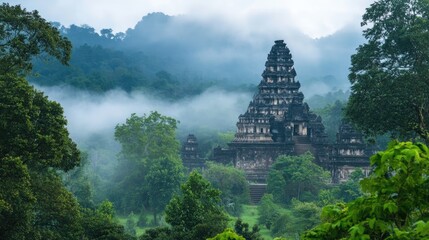 An ancient temple immersed in a misty jungle, with tall trees and lush greenery framing the mysterious scene