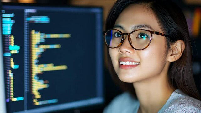 A woman wearing glasses is looking at a computer screen with a lot of code on it. She is focused and determined, possibly working on a project or trying to understand the code