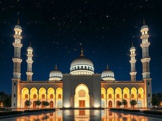 Obraz premium A magnificent mosque illuminated at night, showcasing its stunning architecture and intricate details under a starry sky. A captivating blend of faith, art, and culture