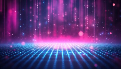 Neon Blue And Pink Grid, Background, With Abstract Particles And Lights Rays, Digital Art Style