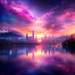 Cityscape Dreams Reflected in Tranquil Waters at Twilight Amidst a Starry Night Sky Reflection