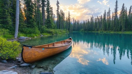 Fototapeta premium Wooden canoe resting on the edge of a tranquil lake during sunrise