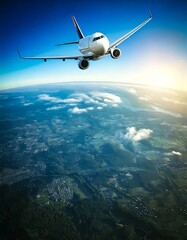 Naklejka premium Airplanes, international travel and round the world. Passenger plane and earth background. For thumbnails and banners.