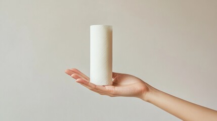 Hand holding white cylindrical filter, plain background, product shot