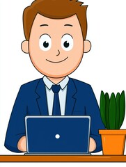 Smiling Man Working on Laptop at Desk Illustration