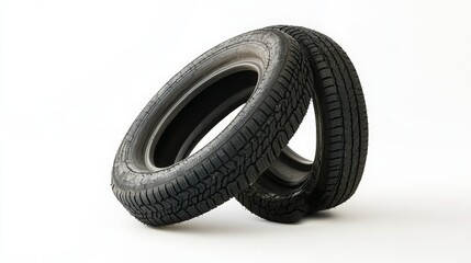 Two black old car tires isolated on white. Focus on recycling and reuse of rubber. 