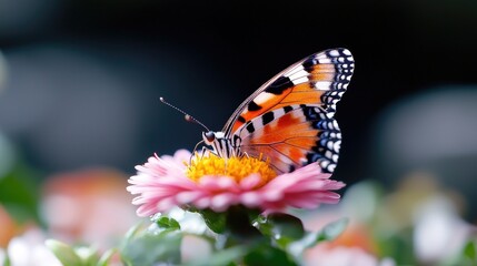 Obraz premium Butterfly feeding on pink flower in garden