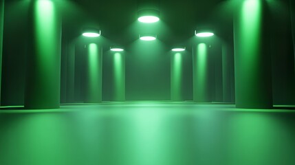 Virtual studio background with spotlights and 3D cylindrical shapes. Ideal for green screen or product shoots. 