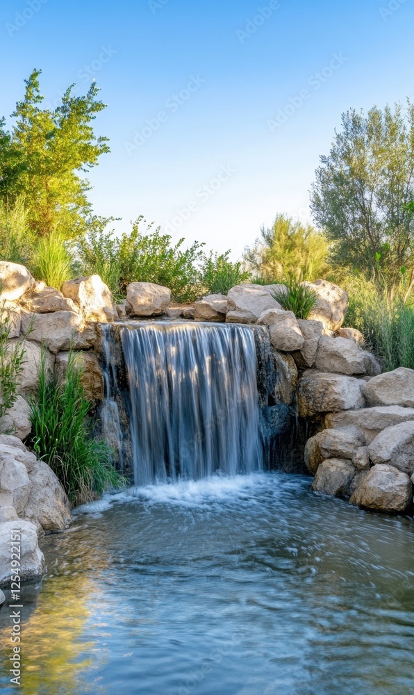 Poster serenity of a natural waterfall cascading over stones into a tranquil pond surrounded by lush greene