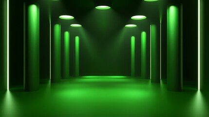 Virtual studio background with spotlights and 3D cylindrical shapes. Ideal for green screen or product shoots. 