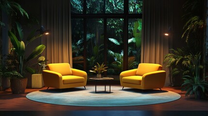 Virtual talk show set with 3D rendering. Perfect for live streaming or VR stage sets. 