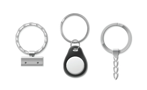 Key chain ring collection with metallic holders - textured band with steel plate, black pendant or key fob with circle, smooth band with decorative link extension. Mockup set for brand identity.