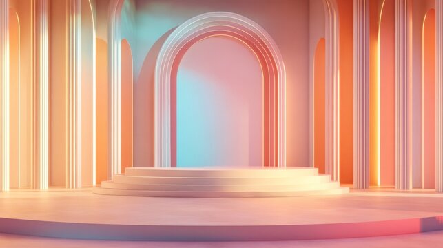 Virtual talk show set with 3D rendering. Perfect for live streaming or VR stage sets. 