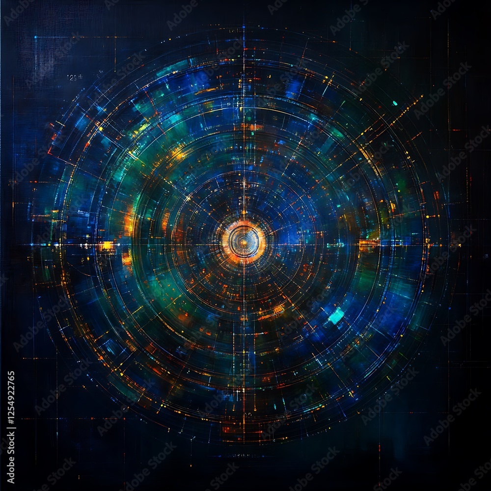 Poster complex concentric circles of data flowing in digital network with abstract geometric patterns