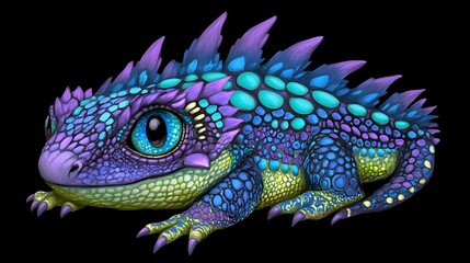 Obraz premium Colorful Scaled Reptile with Spikes and Big Eyes Fantasy Creature Detailed Illustration