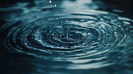 Waterdrop on a bluish surface with ripples.