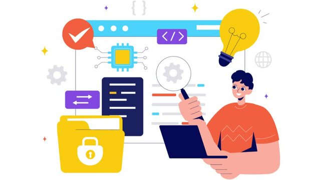 Animation of Informatics Vector Illustration featuring Logistics and Supply Chain Management Software Solutions with Coding and Digital Technology Background