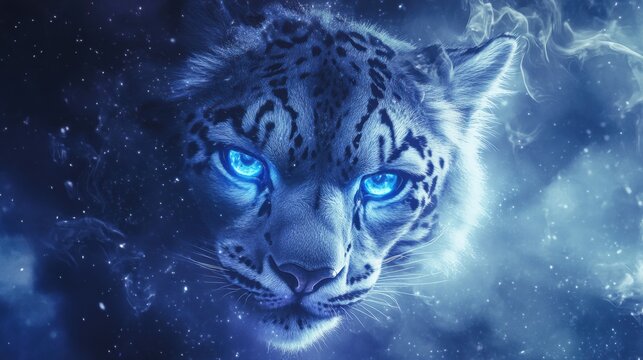 Majestic snow leopard with glowing blue eyes in a cosmic night sky. Generative AI - Powered by Adobe