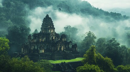 A mist-shrouded ancient temple nestled in vibrant greenery, creating a serene and mysterious travel photography moment
