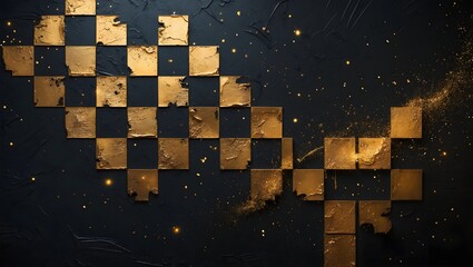 Golden Chessboard Abstract: A dramatic abstract image featuring a gold and black checkered pattern reminiscent of a chessboard, with a textured, metallic look and subtle golden sparkle.