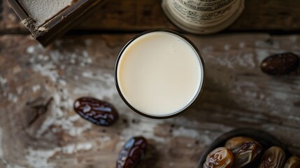 Close-up of freshly picked dates laid out on a worn wooden table, accompanied by a glass of milk
