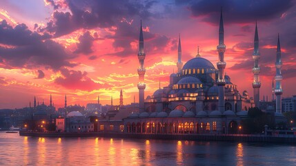 Fototapeta premium Stunning view of a mosque exterior at sunset during Ramadan, with the sky painted in hues