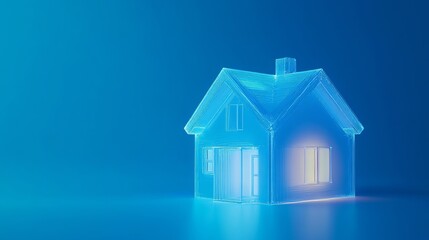 A smart house hologram on a blue background symbolizes AI and virtual assistant technology.